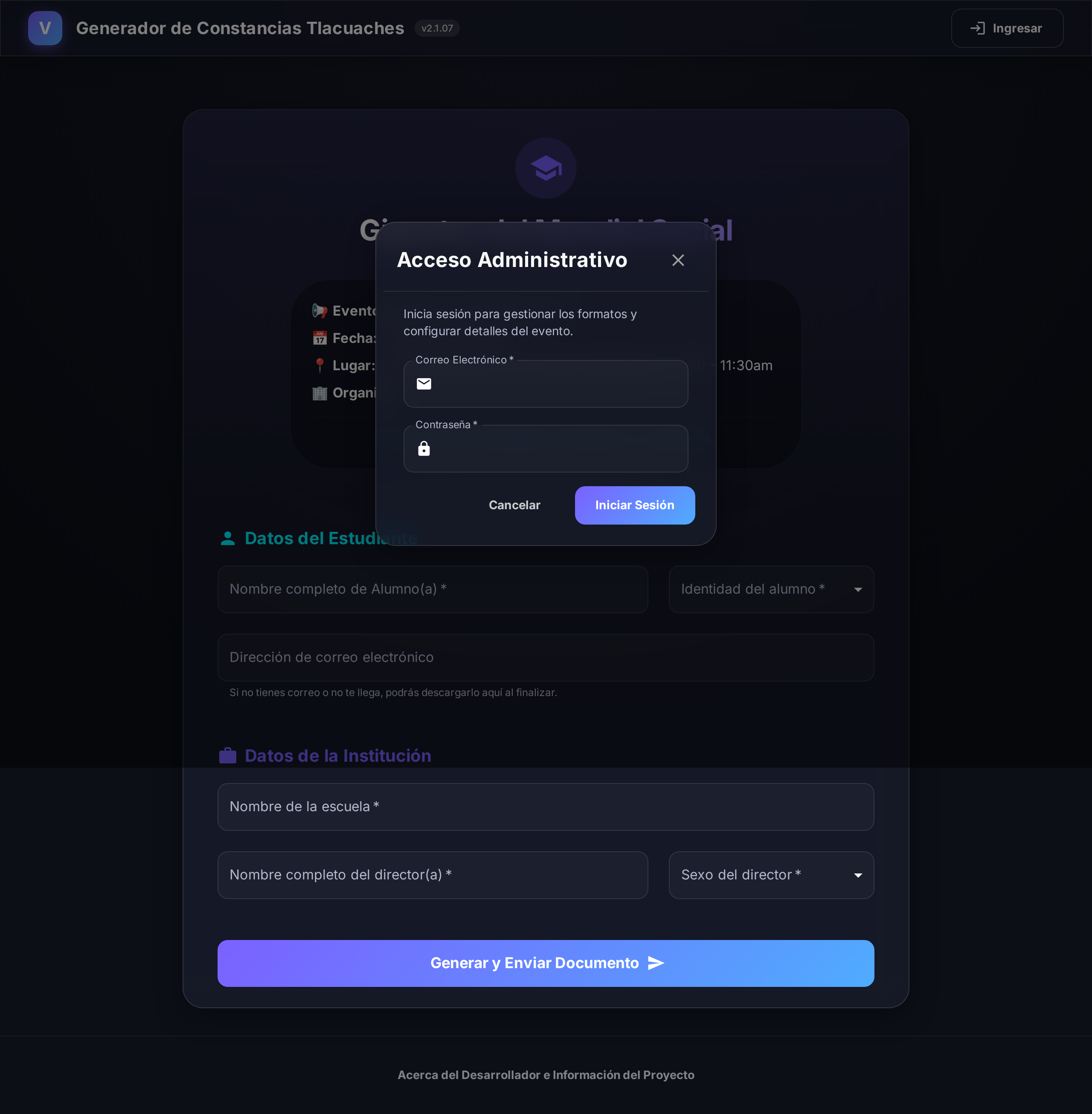 Diálogo de login para panel de administración