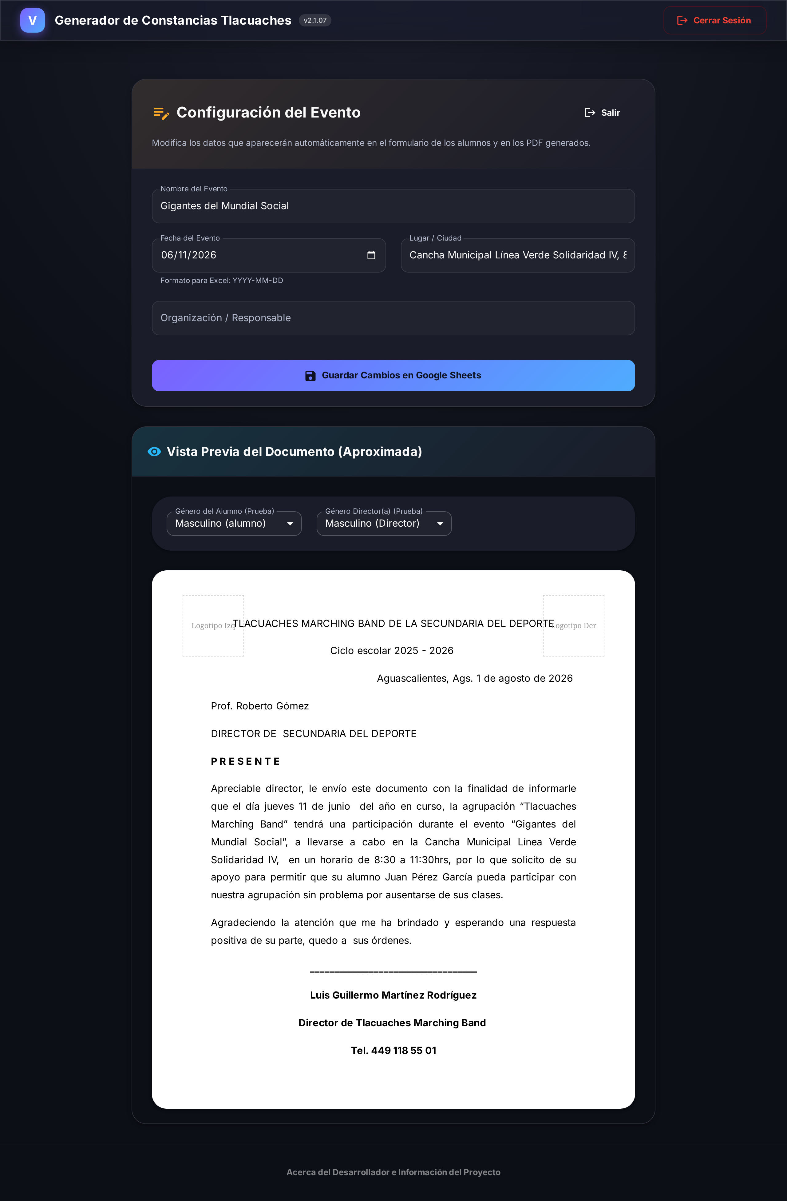 Panel admin — configuración de evento y vista previa de plantilla